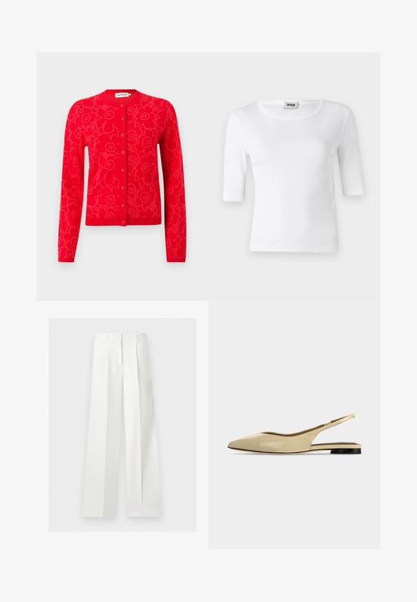 Red knit cardigan featuring a floral pattern, round neckline, and button closure. Long sleeves and ribbed cuffs and hem detail.; White ribbed T-shirt with a round neckline and elbow-length sleeves. Made of soft material with a smooth texture. Tag visible at the neckline.; White high-waist wide-leg tailored trousers with front pleats and a concealed zipper closure.; Beige pointed-toe slingback flat shoe with a low black heel and a smooth leather finish, shown from the side on a plain background.