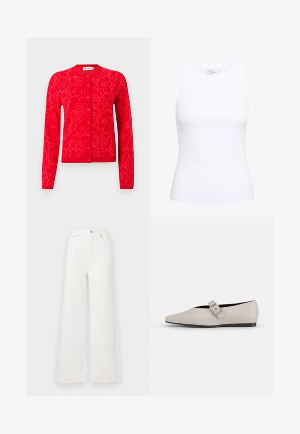 Rød strikket cardigan med blomstermønster, rund halsudskæring og knaplukning. Lange ærmer samt ribbede manchetter og kant.; Hvid ribbet tanktop med rund halsudskæring og uden ærmer. Strækbart stof og tætsiddende design. Etiketten bagpå viser "GESTUZ."; Hvide højtaljede brede jeans lavet af denim. Har frontlommer, knaplukning og afrivede kantdetaljer.; Beige læder flad sko med spidse tæer, en sidelukning som accent og en lav sort sål. Glat tekstur og minimalistisk design.