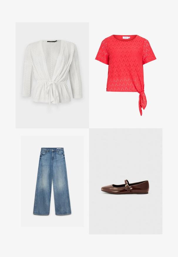 Cardigan blanc en tricot avec devant ouvert, manches longues, motif texturé et ceinture nouée à la taille.; Blouse rouge à manches courtes avec motif œillet en losange et détail noué sur le côté de l’ourlet, confectionnée en tissu léger.; Jean en denim bleu à jambes larges avec un effet délavé à l'avant, bouton avant, fermeture éclair et poches avant avec passants de ceinture.; Ballerine en cuir verni marron avec un bout carré et une lanière ornée d'une petite boucle dorée. Texture lisse, talon bas et design minimaliste.