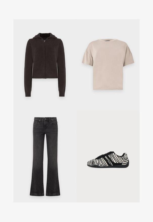 Sweat à capuche zippé gris foncé avec ourlet et poignets côtelés. Présente une texture douce et une capuche avec cordon de serrage pour un ajustement personnalisable.; T-shirt beige en coton, à manches courtes, oversize, avec col rond et ourlet droit, sur un fond clair uni.; Jean bootcut noir délavé avec fermeture à bouton avant, fermeture éclair et design à cinq poches sur fond blanc uni.; Baskets à lacets noires et blanches avec motif rayures zèbre et semelle noire texturée sur un fond clair uni.
