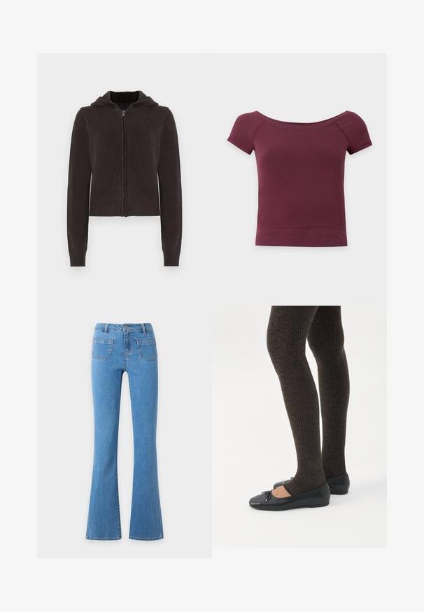 Sweat à capuche zippé gris foncé avec ourlet et poignets côtelés. Présente une texture douce et une capuche avec cordon de serrage pour un ajustement personnalisable.; Top court à manches courtes, épaules dénudées, en tissu uni bordeaux foncé avec ourlet et encolure côtelés.; Jean denim bleu clair taille haute avec un bouton devant, deux poches plaquées à l'avant et un design de jambes évasées.; Jambes portant des leggings côtelés foncés associés à des ballerines noires avec de petits détails en nœud sur fond blanc.