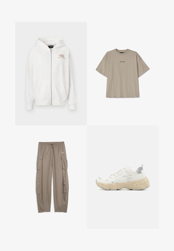 Witte zip-up hoodie van zacht materiaal, met een logo aan de voorkant met "EVERYDAY AMBITION" in lichtbruin. Inclusief kangoeroezakken en ribgebreide manchetten.; Beige katoenen t-shirt met oversize pasvorm, korte mouwen, ronde halslijn en gecentreerde zwarte tekst "PEGADOR." Geen patronen of extra details.; Lichtbruine, losse cargobroek met trekkoord in de taille en klepzakken op elke pijp, met een klein wit Puma-logo aan de rechterkant.; Witte sneaker met een bovenwerk van mesh en glad leer, met een gevoerde kraag, een gemêleerde rubberen zool en subtiele metallic accenten.