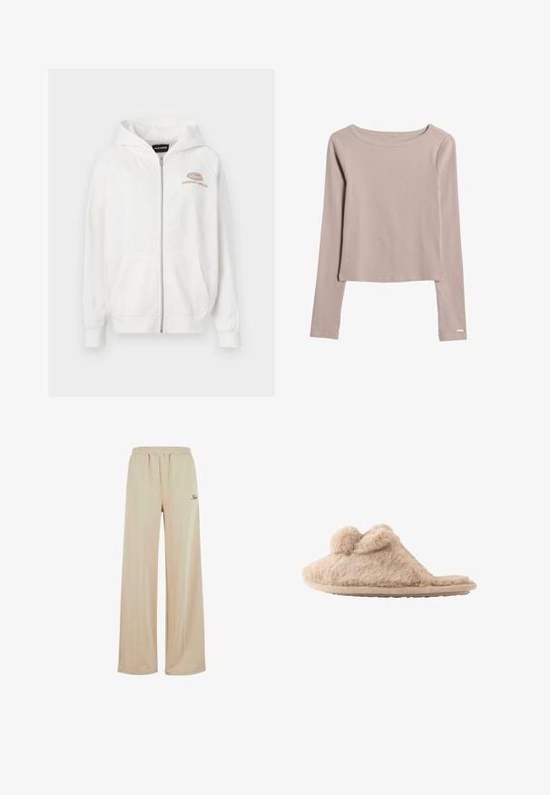Witte zip-up hoodie van zacht materiaal, met een logo aan de voorkant met "EVERYDAY AMBITION" in lichtbruin. Inclusief kangoeroezakken en ribgebreide manchetten.; Lichtbeige longsleeve shirt gemaakt van zachte, rekbare stof. Kenmerkt zich door een brede halslijn en een iets verkorte zoom. Subtiele stikseldetails.; Beige wijde broek gemaakt van zacht materiaal, met een elastische tailleband en details in de zijnaad. Bevat subtiele logo borduurwerk.; Beige, pluizige instapslof met twee pompons bovenop en een platte zool, ontworpen voor binnenshuis gebruik.