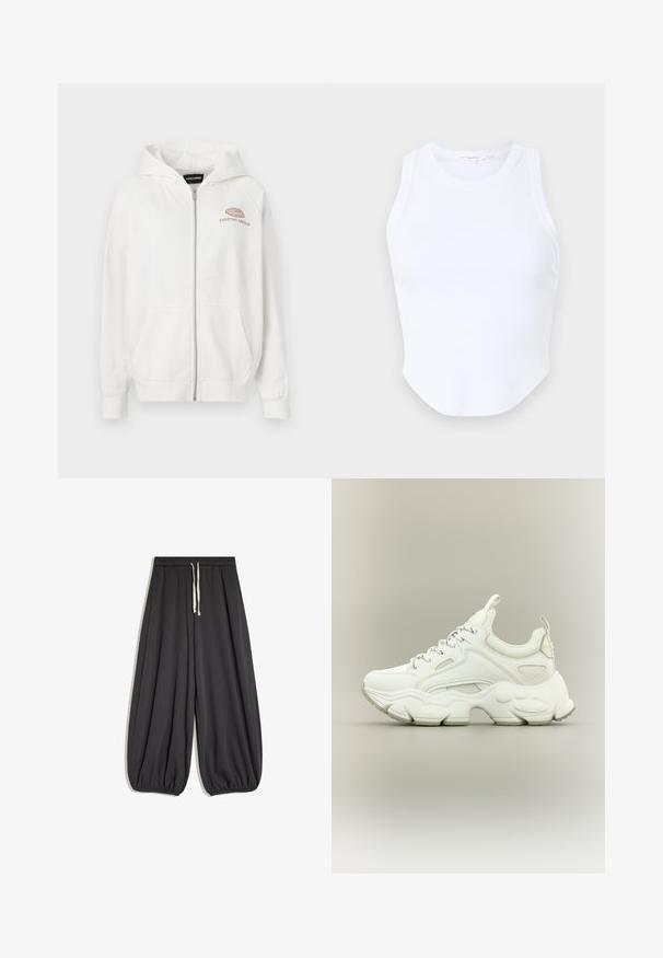 Witte zip-up hoodie van zacht materiaal, met een logo aan de voorkant met "EVERYDAY AMBITION" in lichtbruin. Inclusief kangoeroezakken en ribgebreide manchetten.; Good American MICRO TANK - Top - white; Losse donkergrijze broek met elastische tailleband, witte trekkoord en elastische boorden bij de enkels, afgebeeld op een witte achtergrond.; Witte chunky sneaker met dikke, gestructureerde zool, bovenwerk van mesh en leer, vetersluiting en treklusjes op tong en hiel.