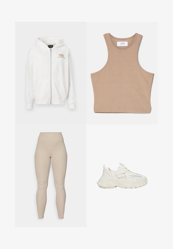 Witte zip-up hoodie van zacht materiaal, met een logo aan de voorkant met "EVERYDAY AMBITION" in lichtbruin. Inclusief kangoeroezakken en ribgebreide manchetten.; 7 DAYS Active CROPPED - Top - mountain trail; Beige hoge taille legging met een geribbelde textuur, voorzien van een soepele tailleband en aansluitende benen, ontworpen voor comfort en flexibiliteit.; Robuuste witte sneakers met een textuur bovenkant met mesh details, dikke rubberen zool, ronde neus en decoratieve accenten aan de zijkanten.