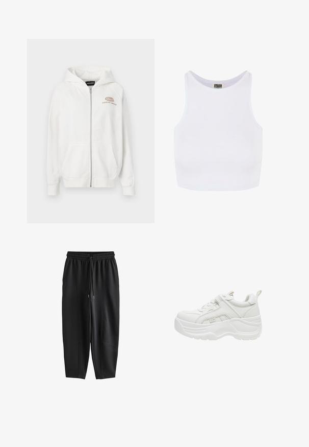 Witte zip-up hoodie van zacht materiaal, met een logo aan de voorkant met "EVERYDAY AMBITION" in lichtbruin. Inclusief kangoeroezakken en ribgebreide manchetten.; Witte geribbelde crop tanktop met brede schouderbanden en een ronde halslijn. Beschikt over een zachte textuur en een minimalistisch ontwerp zonder patronen.; Zwarte taps toelopende joggingbroek met elastische tailleband en trekkoord, met naaddetails aan de voorkant en een losse pasvorm.; Witte chunky sneaker met dikke zool, veters aan de voorkant, gevoerde kraag en trekriem aan de hiel.