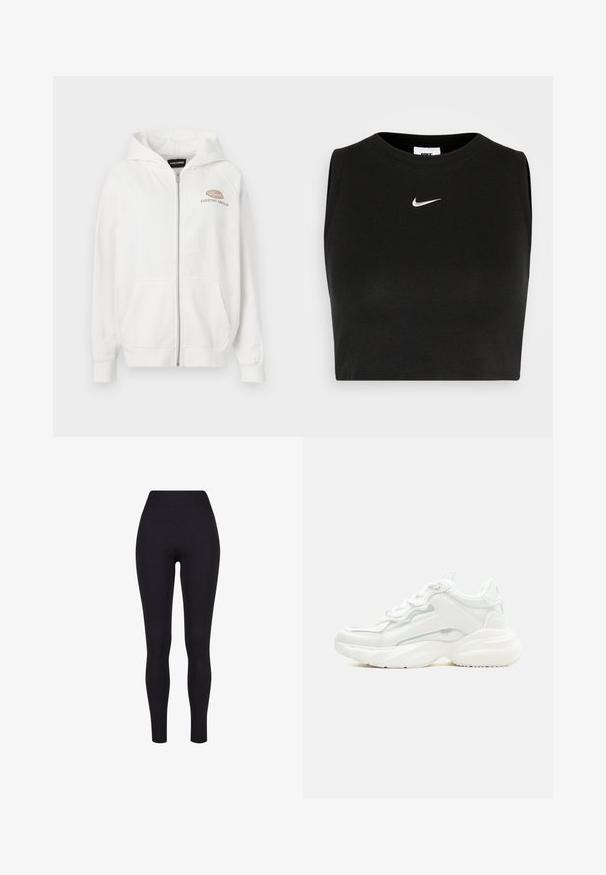 Sweat à zip blanc en tissu doux, arborant un logo avant avec "EVERYDAY AMBITION" en marron clair. Comprend des poches kangourou et des poignets côtelés.; Top court sans manches noir en matière côtelée, avec un col rond et un petit logo Nike blanc sur la poitrine.; Leggings noirs taille haute, fabriqués à partir d'un tissu extensible, présentant une texture lisse et un design ajusté sans coutures ni motifs visibles.; Baskets blanches épaisses avec semelle épaisse, fermeture à lacets sur le devant et cuir synthétique lisse avec des détails subtils de couture.