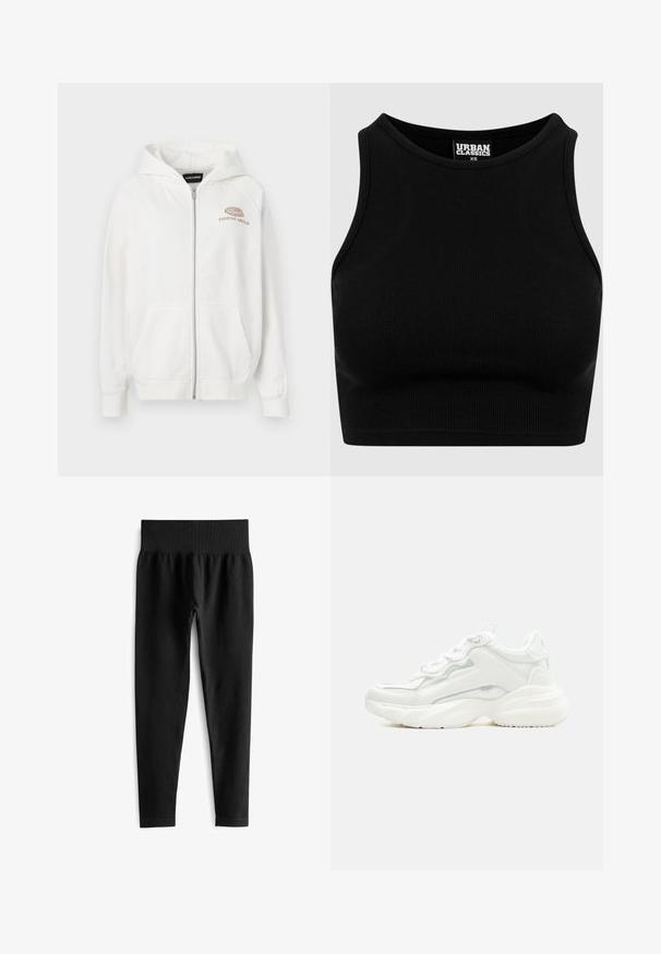 Sudadera blanca con cremallera, fabricada en un tejido suave, que presenta un logo frontal con "EVERYDAY AMBITION" en marrón claro. Incluye bolsillos tipo canguro y puños acanalados.; Top corto negro de canalé con escote redondo y diseño sin mangas. Confeccionado con una tela elástica y texturizada. La etiqueta dice "Urban Classics."; Leggings negros acanalados con una amplia cinturilla elástica, que presentan una silueta ajustada y una textura suave. Sin hardware visible ni patrones.; Zapatilla deportiva blanca y robusta con suela gruesa, cierre de cordones en la parte frontal y parte superior sintética lisa con detalles de costuras sutiles.