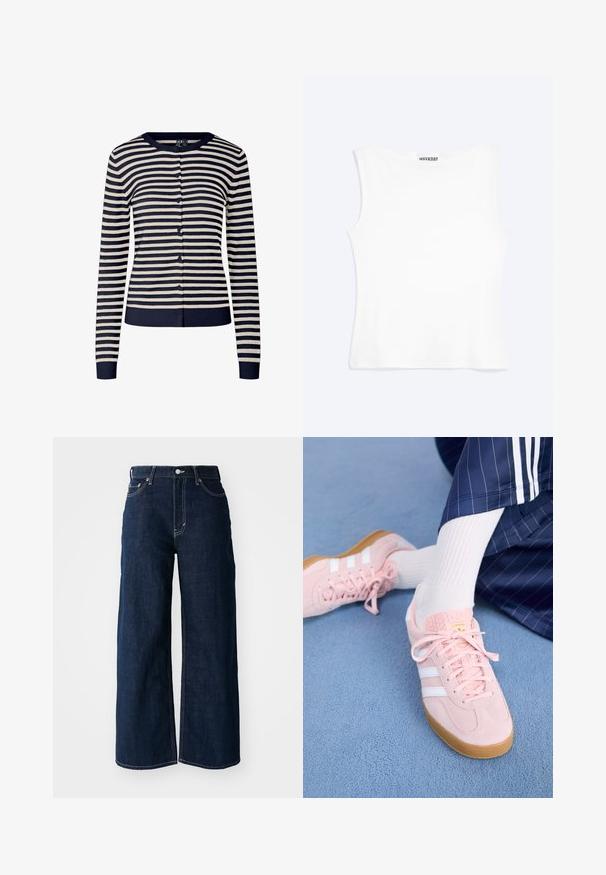 Marineblaue und cremefarbene gestreifte Strickjacke aus weichem Strickstoff, mit Rundhalsausschnitt, langen Ärmeln und Knopfverschluss vorne.; Weißes, ärmelloses, figurbetontes Tanktop mit rundem Ausschnitt und minimalistischem Design, innen am Kragen mit der Aufschrift „WEEKDAY“.; Weit geschnittene, dunkelblaue Jeans mit kontrastierenden Nähten, fünf Taschen und einem Knopfverschluss an der Taille.; Hellrosa Wildleder-Sneaker mit weißen Streifen und Schnürsenkeln, ausgestattet mit einer strukturierten Zunge und einer Gummisohle, auf einem blauen Teppich platziert.