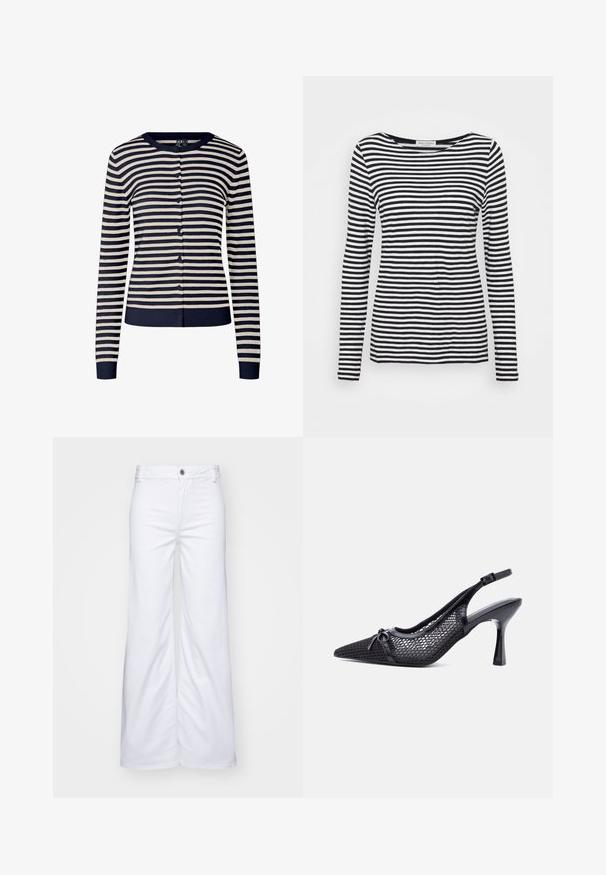 Marineblauw en crèmekleurig gestreepte cardigan, gemaakt van zachte gebreide stof, met een ronde hals, lange mouwen en knoopsluiting aan de voorkant.; Langemouwen, ronde hals T-shirt met een zwart-wit gestreept patroon. Gemaakt van zachte stof met een reguliere pasvorm. Schoon, minimalistisch ontwerp.; Witte wijde denimbroek met een knoopsluiting en riemlussen. Helaas hebben ze een gladde textuur met nette stiksels en geen patronen.; Zwarte slingback hoge hak met een puntige neus, een honingraatpatroon van gaas en een klein sierstrikje aan de voorkant.