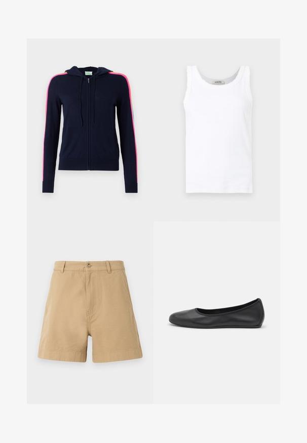 FROM FUTURE Gilet - navy; Débardeur blanc sans manches en maille côtelée avec encolure ronde et bordure délicate en dentelle le long des bords, présenté sur un fond uni.; Shorts beige en coton, avec un design classique, fermeture à bouton à l'avant et passants de ceinture. Texture lisse avec poches latérales.; Ballerines en cuir noir avec un bout rond, texture lisse, détails de couture minimalistes et design de semelle flexible.