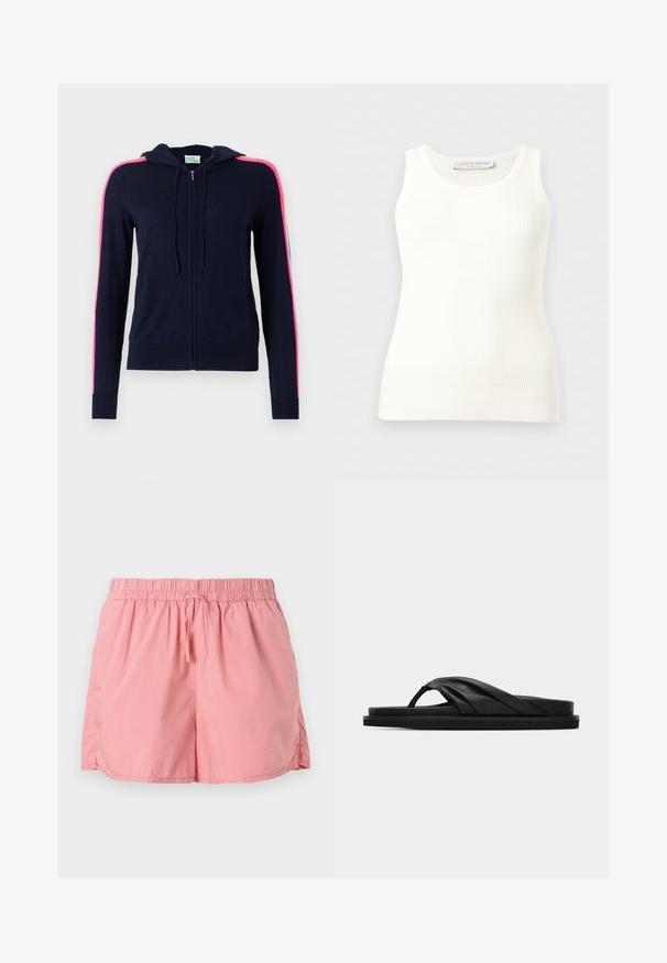 FROM FUTURE Gilet - navy; Débardeur blanc côtelé sans manches avec encolure ronde, coupe ajustée, et étiquette de la marque à l'intérieur du col arrière.; Shorts roses en tissu léger, dotés d'une ceinture élastique avec un cordon de serrage, fentes latérales pour faciliter les mouvements.; Sandale plate noire avec bride croisée rembourrée et entre-doigt, design minimaliste sur fond gris clair uni.
