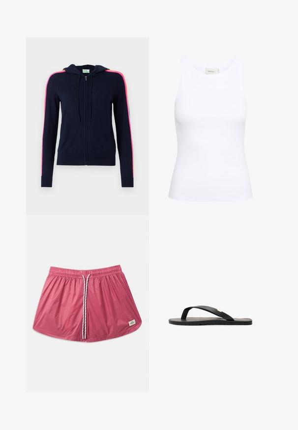 FROM FUTURE Gilet - navy; Débardeur blanc côtelé avec un col rond et sans manches. Tissu extensible et design ajusté. Étiquette au dos indiquant "GESTUZ."; Short de bain léger rose avec taille élastique, cordon blanc, poches latérales et petit patch logo rectangulaire à l'ourlet avant.; Tongs noires avec une semelle plate, une semelle intérieure texturée noire, des sangles lisses et un petit accent doré près du séparateur de orteils.