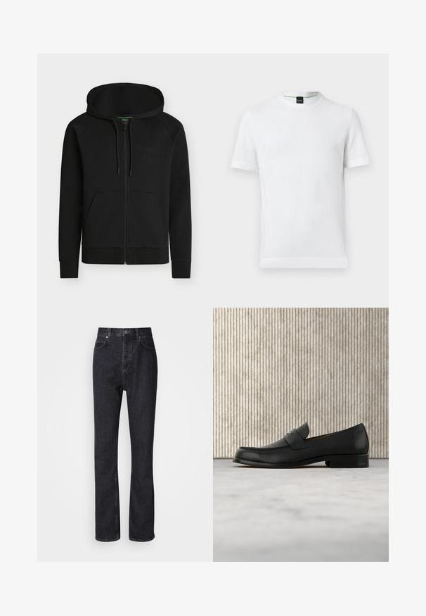 Sweat à capuche noir zippé avec poches avant, capuche réglable par cordon et logo discret « BOSS » sur la poitrine gauche.; T-shirt blanc à manches courtes et col rond avec un logo discret "BOSS" sur la poitrine et un détail vert à l'intérieur du col, sur un fond uni.; Jean en denim noir taille haute avec fermeture à bouton et à glissière, poches avant et arrière, et coupe droite.; Mocassin en cuir noir flottant au-dessus d'un tapis beige avec une table ronde brune brillante en arrière-plan.