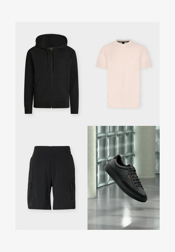 Sweat à capuche noir zippé avec poches avant, capuche réglable par cordon et logo discret « BOSS » sur la poitrine gauche.; T-shirt beige clair à manches courtes et col rond avec un logo embossé subtil sur la poitrine et une étiquette noire à l'intérieur du col.; Shorts noirs mi-cuisses avec poches zippées latérales et fermeture par bouton à la taille, présentés sur un fond blanc uni.; Sneaker basse en cuir noir avec lacets noirs et logo "BOSS" doré, affichée en suspension devant un mur en blocs de verre et un sol gris.