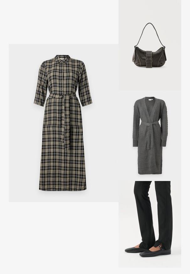 Grå strikket cardigan har et tekstureret mønster, lange ærmer, åben front og en knyttet taljebælte. Afsluttet med ribbend i ærmer og nederkant.; Lang plaid kjole med krave, knaplukning foran, trekvartlange ærmer og en bundet talje. Farverne inkluderer sort, beige og hvid.; Ben iført sorte smalle bukser med forreste slidser ved kanten, parret med sorte flade Mary Jane-sko med lille spænde.; Sort læder skuldertaske med spænde på remmen, afrundede kanter og kontrasterende hvide syninger på en ensfarvet baggrund.