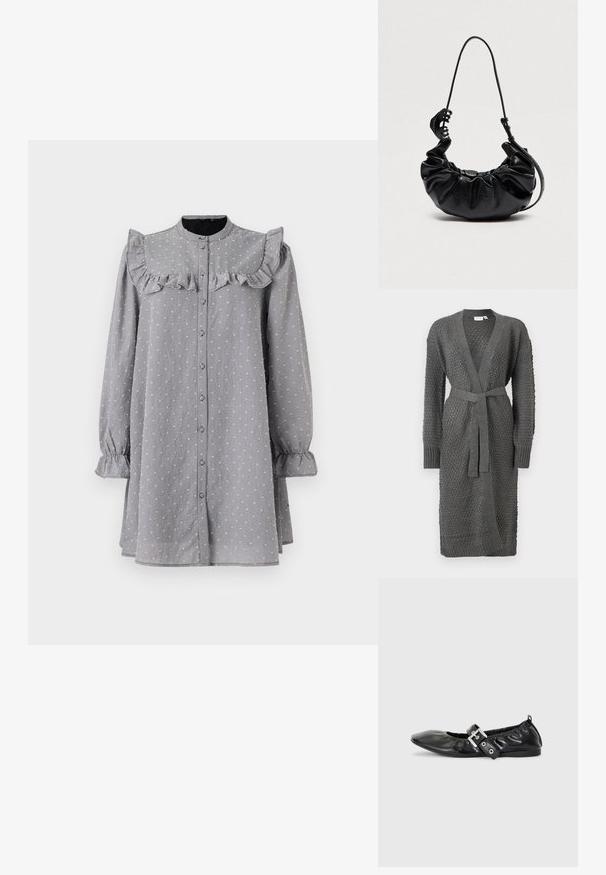 Le cardigan en tricot gris présente un motif texturé, des manches longues, un devant ouvert et une ceinture à nouer à la taille. Fini avec des poignets et un ourlet à côtes.; Robe grise à boutons avec un col ruché, des manches longues et des poignets élastiques. Présente un motif texturé subtil et une coupe ample.; Chaussure plate en cuir noir avec un nez pointu, des détails froncés autour de l'ouverture et un accent en boucle argentée sur la bride ajustable.; Sac à main en cuir noir froncé avec bandoulière réglable et grande pince à cheveux noire attachée à la bandoulière sur un fond uni.