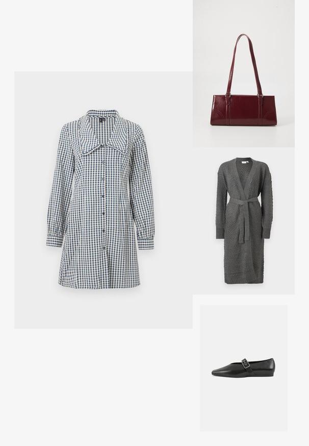 Le cardigan en tricot gris présente un motif texturé, des manches longues, un devant ouvert et une ceinture à nouer à la taille. Fini avec des poignets et un ourlet à côtes.; Robe à carreaux vichy bleus et blancs avec un grand col, des manches bouffantes longues et une fermeture à boutons sur le devant. Matériau en coton doux.; Chaussure plate en cuir noir avec un orteil pointu, présentant une sangle à boucle métallique sur le cou-de-pied et une semelle basse et flexible.; Sac à main bordeaux en matériau brillant, de forme rectangulaire, avec deux anses et des accents légèrement courbés à l'avant.
