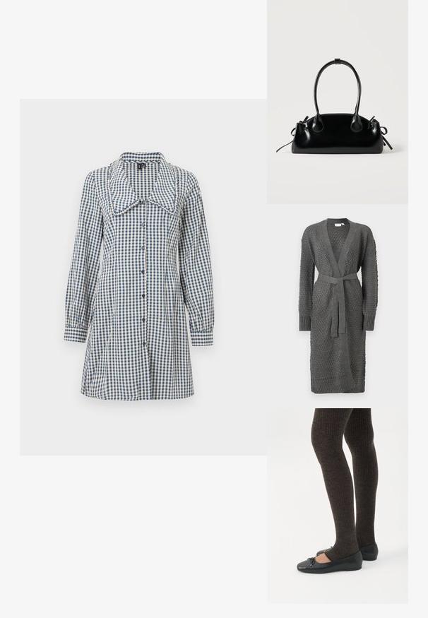 Le cardigan en tricot gris présente un motif texturé, des manches longues, un devant ouvert et une ceinture à nouer à la taille. Fini avec des poignets et un ourlet à côtes.; Robe à carreaux vichy bleus et blancs avec un grand col, des manches bouffantes longues et une fermeture à boutons sur le devant. Matériau en coton doux.; Jambes portant des leggings côtelés foncés associés à des ballerines noires avec de petits détails en nœud sur fond blanc.; Petit sac à main noir brillant avec deux longues anses et des détails à cordon sur les côtés sur un fond clair uni.
