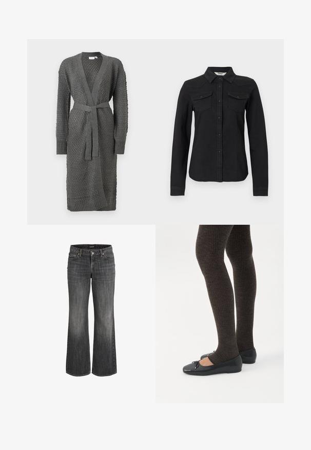 Le cardigan en tricot gris présente un motif texturé, des manches longues, un devant ouvert et une ceinture à nouer à la taille. Fini avec des poignets et un ourlet à côtes.; Chemise noire à manches longues avec deux poches à rabat sur la poitrine et un col pointu, coupe cintrée, sur fond blanc.; Jeans en denim noir délavé à coupe droite, avec bouton frontal, passants pour ceinture, et design à cinq poches.; Jambes portant des leggings côtelés foncés associés à des ballerines noires avec de petits détails en nœud sur fond blanc.
