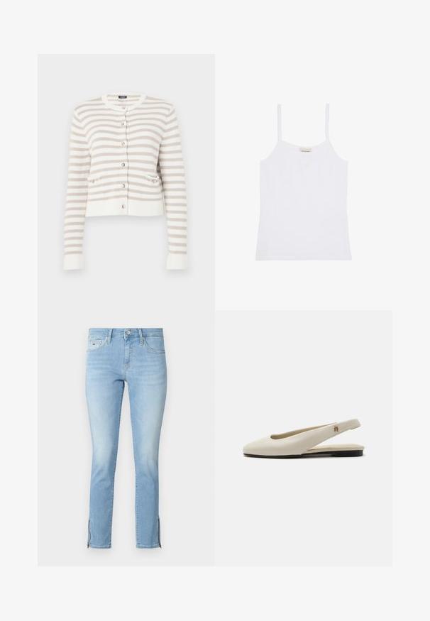 Cárdigan a rayas crema y beige con cuello redondo, bolsillos frontales y cierre de botones. Textura de punto con puños y dobladillo de canalé.; Camiseta de tirantes blanca para mujer de Calvin Klein con tirantes finos y diseño sencillo y ajustado.; Vaqueros de mezclilla azul claro con corte ajustado, que presentan cremalleras laterales en los puños y un diseño clásico de cinco bolsillos con un leve desgaste.; Zapato plano slingback de cuero color crema con puntera redondeada y pequeño emblema dorado en la correa.
