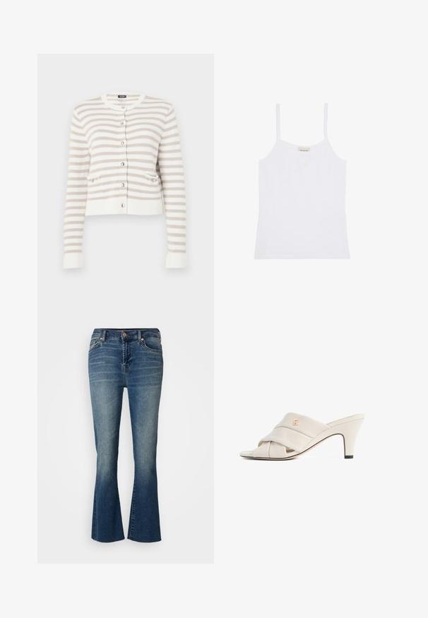 Crème en beige gestreepte cardigan met een ronde hals, voorkeurszakken en knoopsluiting. Gebreide textuur met geribbelde manchetten en zoom.; Witte Calvin Klein damestanktop met dunne schouderbandjes en een simpel, aansluitend ontwerp.; Denim flare jeans in een medium blauwe was, met een hoge taille, vijf zakken en subtiele wassing aan de voorkant.; Beige hoge hakken mules met een gedraaide lederen band, open teen en een reliëf logo-accent. De hak heeft een zwarte puntdetail.