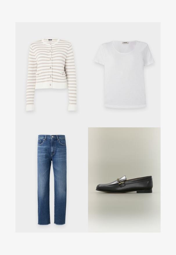 Cardigan rayé crème et beige avec un col rond, des poches avant et une fermeture à boutons. Texture tricotée avec des poignets et un ourlet côtelés.; T-shirt blanc à manches courtes en tissu doux, avec un col rond et un ourlet droit sans motifs ni accents visibles.; Jean en denim bleu avec une coupe droite, présentant une finition délavée, un style à cinq poches et un ourlet effiloché.; Mocassin en cuir noir avec dessus argenté, détail de chaîne dorée, petit talon et bout arrondi sur fond neutre.