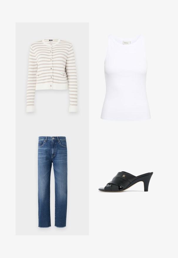 Creme- og beige-striped cardigan med rund halsudskæring, forlommer og knaplukning. Strikket tekstur med ribbede cuff og kant.; Hvid ribbet tanktop med rund halsudskæring og uden ærmer. Strækbart stof og tætsiddende design. Etiketten bagpå viser "GESTUZ."; Blå denimjeans med straight-leg design, featuring en falmet finish, fem-lomme styling og en frynset kant.; Sort læder mule med åben tå og hæl, med krydsede stropper og et lille metallogo på siden, mediumhøj tilspidset hæl, kant i beige på sålen.