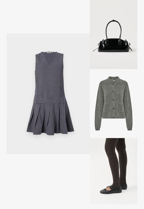 Cárdigan gris hecho de un tejido de punto texturizado, con escote redondo, mangas largas y botones negros en la parte delantera.; Vestido de cuadros en navy con escote en V, diseño sin mangas, falda con plisados y cintura estructurada. Hecho de una tela ligera.; Piernas con leggings oscuros acanalados combinados con bailarinas negras que presentan pequeños detalles de lazo sobre un fondo blanco.; Pequeño bolso negro brillante con dos asas largas y detalles de cordón lateral sobre un fondo claro liso.