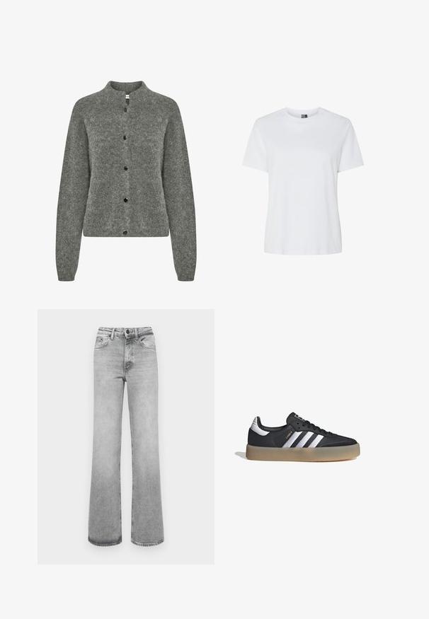 Cárdigan gris hecho de un tejido de punto texturizado, con escote redondo, mangas largas y botones negros en la parte delantera.; Camiseta blanca lisa de manga corta y cuello redondo, mostrada sobre un fondo blanco sin patrones ni logotipos visibles.; Jeans rectos de color gris claro deslavado con bolsillos delanteros, pasadores para el cinturón y cierre de botón y cremallera.; Zapatilla deportiva de cuero negro con tres rayas plateadas, punta texturizada y suela de goma. Cuenta con un collar acolchado y un diseño con cordones.