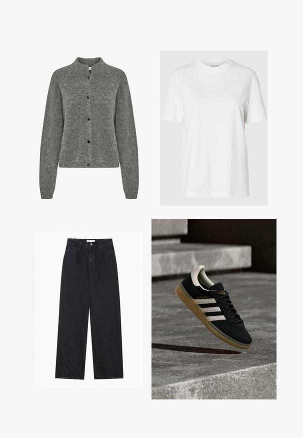 Grijze cardigan van textuur gebreide stof, met een ronde halslijn, lange mouwen en zwarte knopen aan de voorkant.; Witte katoenen t-shirt met korte mouwen en een ronde halslijn. Heeft een relaxte pasvorm en een minimalistisch ontwerp zonder patronen of accenten.; Zwarte high-waisted spijkerbroek met wijde pijpen, frontknopen en ritssluiting, ceintuurlussen en een vijf-pocket stijl.; Zwarte suède sneaker met witte strepen en goud logo, voorzien van een gestructureerde gum rubberen zool en een contrasterende crème hielkap.