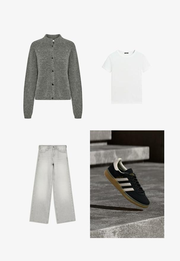 Grå cardigan lavet af tekstureret strikket stof, med rund hals, lange ærmer og sorte knapper ned foran.; Almindelig hvid T-shirt med korte ærmer, rund halsudskæring og lille sort label inden i kraven.; Lysegrå jeans med vide ben, knap- og lynlås-lukning, forlommer og bæltestropper, vist fladt på en hvid baggrund.; Sort ruskindssneaker med hvide striber og gyldent logo, med en tekstureret gummisål i karamel og en kontrasterende cremefarvet hæltab.
