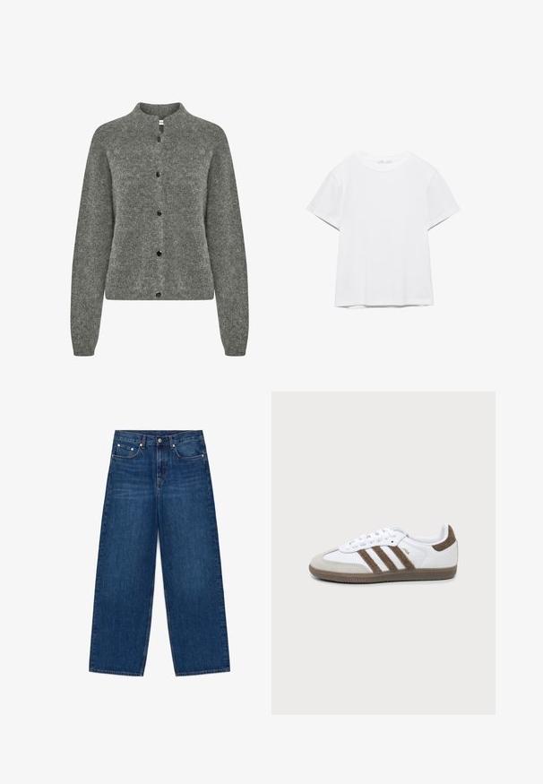 Grijze cardigan van textuur gebreide stof, met een ronde halslijn, lange mouwen en zwarte knopen aan de voorkant.; Effen wit T-shirt met korte mouwen en ronde hals, met een rechte zoom, gepresenteerd tegen een witte achtergrond.; Blauwe wijde spijkerbroek met vijf zakken en knoopsluiting, plat gelegd op een witte achtergrond.; Witte en bruine Adidas Samba sneaker met drie bruine strepen, veters en een textuurs van boven- tot zool, getoond vanaf de zijkant op een effen achtergrond.