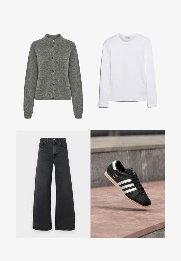 Grijze cardigan van textuur gebreide stof, met een ronde halslijn, lange mouwen en zwarte knopen aan de voorkant.; Wit T-shirt met lange mouwen, gemaakt van ribgebreide katoen, met een ronde halslijn en een rechte zoom. Eenvoudig ontwerp zonder patronen of accenten.; Zwarte jeans met wijde pijpen, gemaakt van denim, voorzien van een hoge taille, knoopsluiting en een ontwerp met vijf zakken. Subtiele vervaging en whiskeringdetails.; Zwarte leren sneaker met witte strepen en zool, veters gestrikt, zwevend boven een rozeachtig betonnen oppervlak met een grijze stenen muur op de achtergrond.