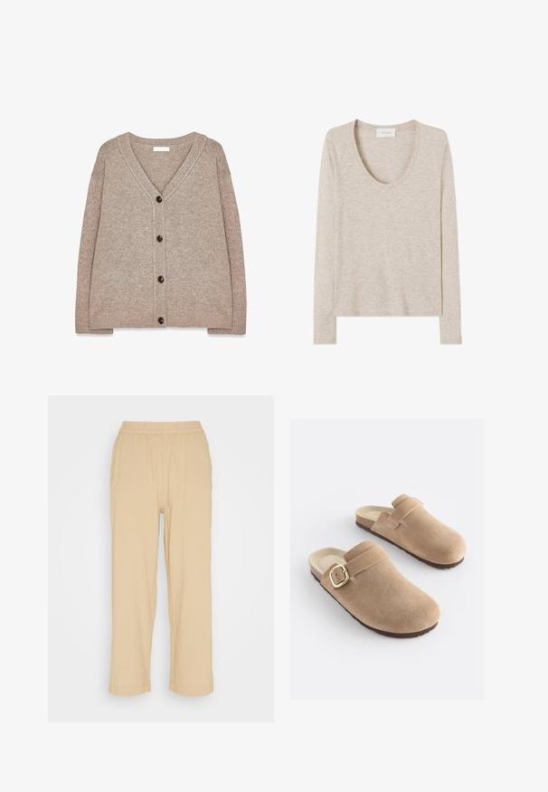 Beige strikket cardigan med V-hals, ribbede kanter og fem brune knapper foran. Blød tekstur og afslappet pasform.; Beige langærmet let strikket top med rund hals og lige kant, vist fladt på en hvid baggrund.; Beige, lette, cropped bukser med elastisk talje. Har en løs pasform og glat tekstur, velegnet til afslappet brug.; Beige ruskindsklogs med rundet tå, justerbar rem og guldfarvet spænde. Textureret ydersål for greb.