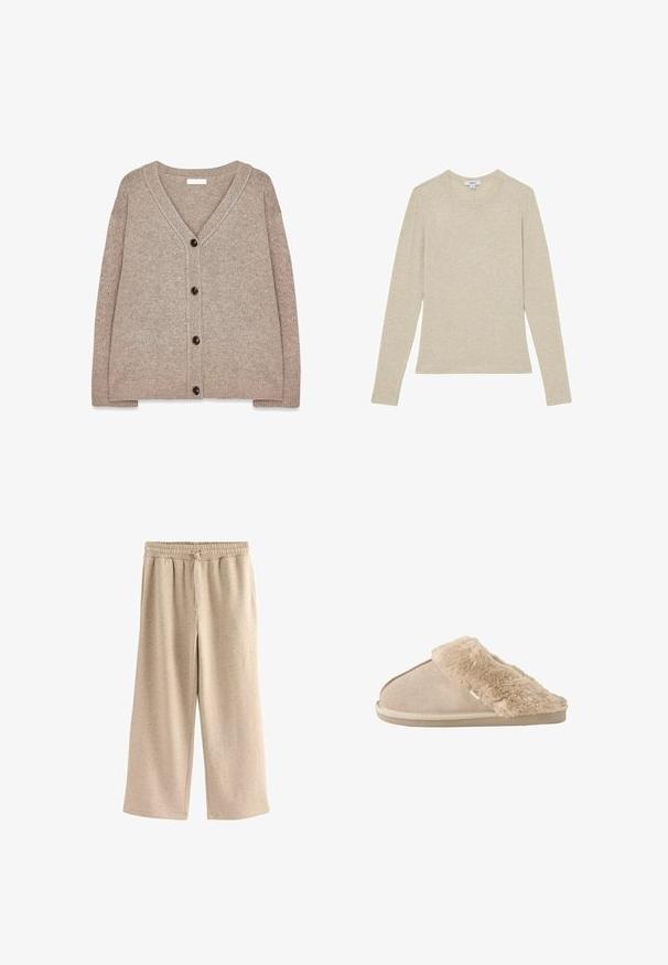 Beige strikket cardigan med V-hals, ribbede kanter og fem brune knapper foran. Blød tekstur og afslappet pasform.; Beige langærmet rundhalset striktrøje med slank pasform, lavet af blødt stof.; Beige vide benbukser lavet af blødt stof, med en elastisk talje og snor, og en diskret prikket tekstur hele vejen igennem.; Beige slip-on tøfler med blødt ruskind yderside og blødt, fluffy inderfor og manchet, designet til komfort indendørs.