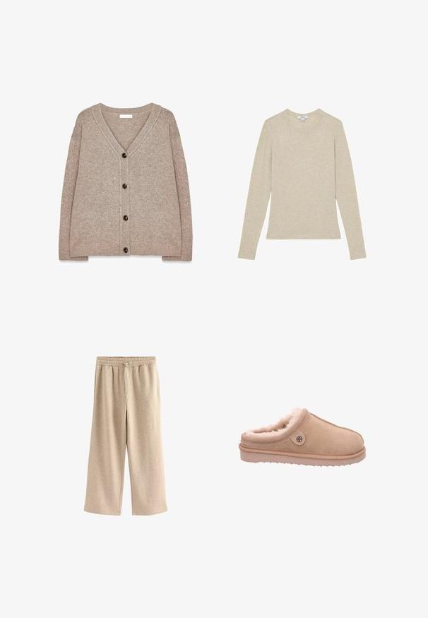 Gilet en tricot beige avec un col en V, des bords côtelés et cinq boutons marron sur le devant. Texture douce et coupe décontractée.; Haut en maille beige à manches longues, col rond, coupe ajustée, en tissu doux.; Pantalons larges de couleur crème en tissu doux en mélange de coton. Ils présentent une taille élastique avec cordon de serrage et une texture subtilement mouchetée.; Rohde ROHDE SOAZZA PANTOFFELN - Chaussons - natur
