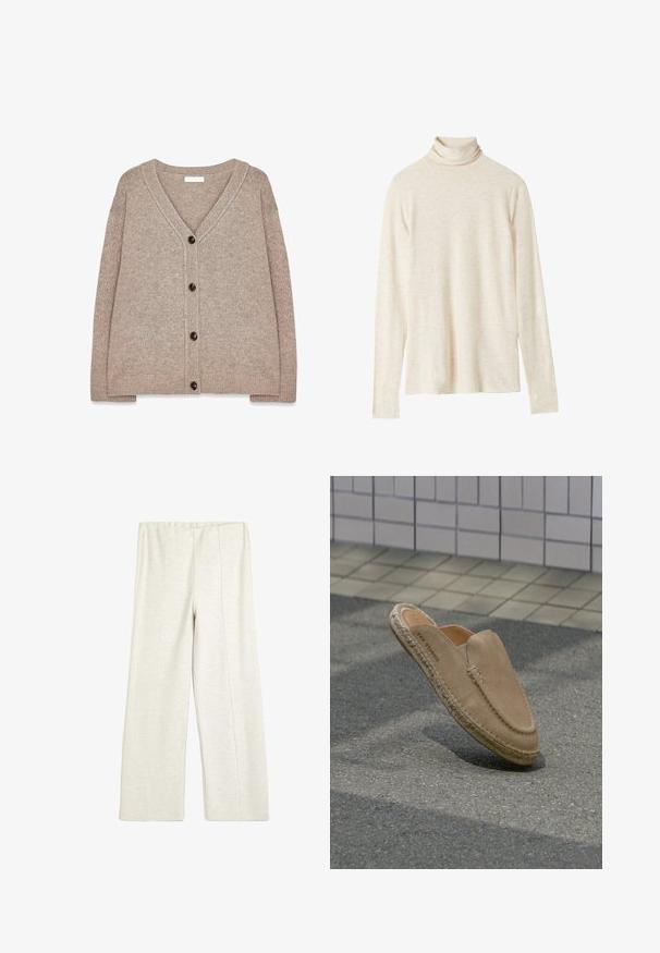 Cárdigan de punto beige con escote en V, bordes acanalados y cinco botones marrones en el frente. Textura suave y corte holgado.; Sudadera de cuello alto en color beige, de manga larga, fabricada en una tela suave, con un corte holgado, una sutil textura y sin patrones ni acentos visibles.; Koton WIDE LEG - Pantalones deportivos - beige; Zapato slip-on de ante marrón claro con suela trenzada flota sobre el asfalto con una pared de azulejos de fondo.