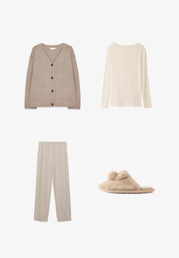 Beige gebreide cardigan met een V-hals, geribde randen en vijf bruine knopen aan de voorkant. Zachte textuur en een relaxte pasvorm.; Lichtbeige fijngebreide top met lange mouwen, boothals en een subtiele gemêleerde structuur.; Beige, lichte katoenen broek met een recht model, elastische tailleband en een gladde textuur. Geen zichtbare patronen of hardware.; Beige, pluizige instapslof met twee pompons bovenop en een platte zool, ontworpen voor binnenshuis gebruik.