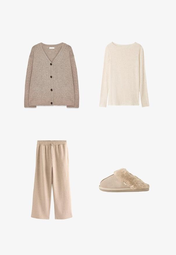 Cárdigan de punto beige con escote en V, bordes acanalados y cinco botones marrones en el frente. Textura suave y corte holgado.; Top de punto beige claro de manga larga con escote barco y una textura jaspeada sutil.; Pantalones beige de pierna ancha con cintura elástica y cordón, hechos de una tela suave y moteada.; Zapatilla beige sin cordones con exterior de ante suave y forro interior y borde mullidos y esponjosos, diseñada para la comodidad en interiores.