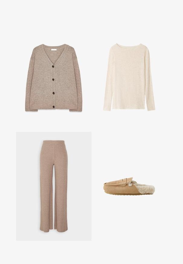 Beige strikket cardigan med V-hals, ribbede kanter og fem brune knapper foran. Blød tekstur og afslappet pasform.; Langærmet, lysebeige striktop med bådudskæring og subtil meleret tekstur.; Beige ribbede vide bukser med høj talje og blød tekstur, der har en løs pasform og ingen synlige lukninger.; Lysebrun ruskind slip-on tøffel med blødt cremefarvet imiteret pelsfoder og flad gummisål vist fra siden.