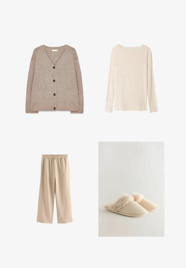 Beige strikket cardigan med V-hals, ribbede kanter og fem brune knapper foran. Blød tekstur og afslappet pasform.; Langærmet, lysebeige striktop med bådudskæring og subtil meleret tekstur.; Cremefarvede breddebenede bukser lavet af blødt bomuldsblandingsstof. Har en elastisk talje med snor og en subtil plettet tekstur.; Beige hjemmesko med en blød pelskant, afrundet tådesign og struktureret stof. Sålen er flad og fleksibel.