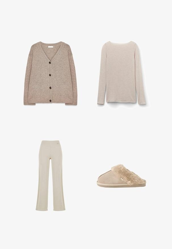 Gilet en tricot beige avec un col en V, des bords côtelés et cinq boutons marron sur le devant. Texture douce et coupe décontractée.; T-shirt à manches longues rose clair avec un col rond décontracté, fabriqué en tissu doux avec une texture marbrée subtile.; Pantalons larges beige avec une texture en ribbed lisse, taille élastique et sans ornements visibles, offrant une silhouette décontractée.; Chausson beige à enfiler avec extérieur en daim doux et doublure intérieure moelleuse et duveteuse ainsi qu'un revers, conçu pour le confort à l'intérieur.