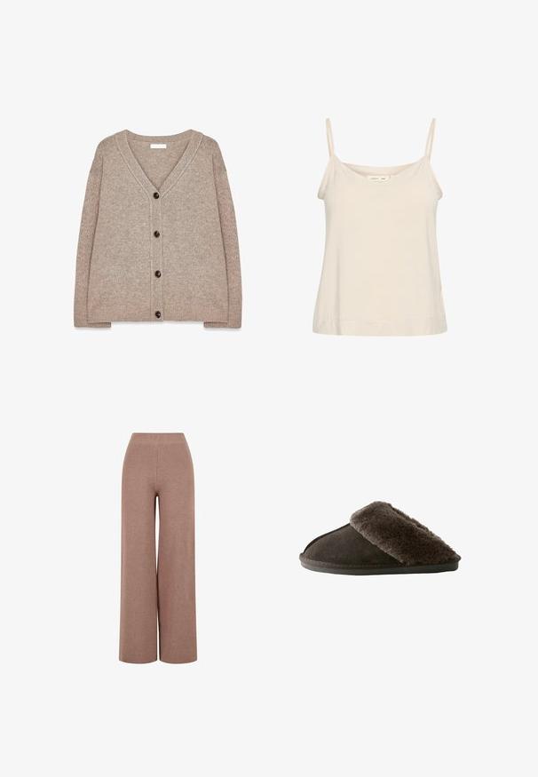 Beige strikket cardigan med V-hals, ribbede kanter og fem brune knapper foran. Blød tekstur og afslappet pasform.; Lys beige cami lavet af blødt stof, med tynde justerbare stropper og en V-udskæring med en let afslappet pasform.; Brune, vide strikkede bukser med et tekstureret stof, der har en elastisk talje og en løs pasform for komfort.; Mørkebrun slip-on tøfler med blød, pelslignende kant og flad sål, designet til indendørs komfort og varme.