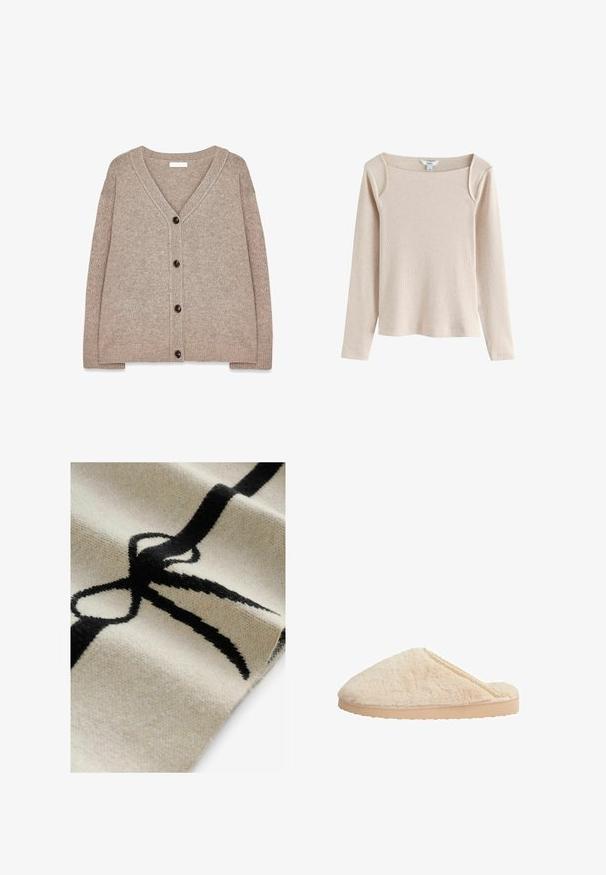 Cárdigan de punto beige con escote en V, bordes acanalados y cinco botones marrones en el frente. Textura suave y corte holgado.; Top beige de punto acanalado de manga larga con escote cuadrado y ligero detalle en los hombros, mostrado sobre un fondo blanco.; Textil con fondo crema que presenta un diseño destacado de un lazo negro. Textura suave, tejido de fibras visibles y patrones.; Zapatillas de pelo beige con forma redondeada, parte superior texturizada y suela de goma ligera y plana. Presentan un delicado detalle de encaje a lo largo del borde.