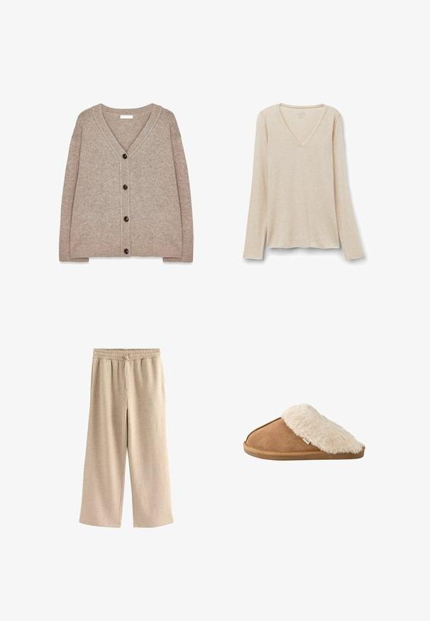 Beige strikket cardigan med V-hals, ribbede kanter og fem brune knapper foran. Blød tekstur og afslappet pasform.; Langærmet V-hals top i lys beige stof med en blød tekstur. Afslappet pasform med lige kant og minimalistisk design.; Beige vide benbukser lavet af blødt stof, med en elastisk talje og snor, og en diskret prikket tekstur hele vejen igennem.; Brun slip-on tøffel med blød beige imiteret pelsforing og sål, vist fra siden på hvid baggrund.