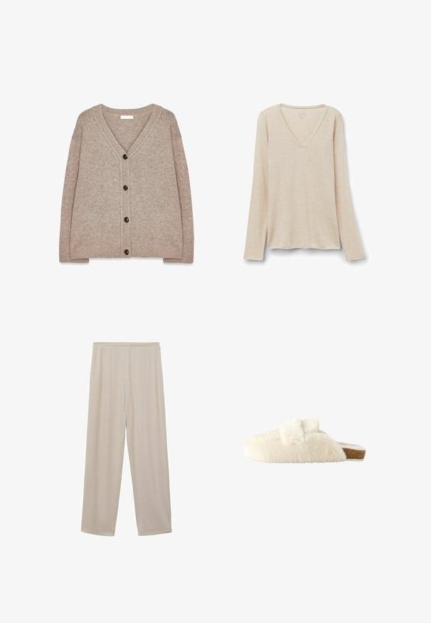 Beige strikket cardigan med V-hals, ribbede kanter og fem brune knapper foran. Blød tekstur og afslappet pasform.; Langærmet V-hals top i lys beige stof med en blød tekstur. Afslappet pasform med lige kant og minimalistisk design.; Beige, lette bomuldsbukser med lige ben-design, elastisk talje og glat tekstur. Ingen synlige mønstre eller hardware.; Flødefarvet, blød slip-on tøfler med korksål og blød sløjfedetalje på toppen, vist i sideprofil på hvid baggrund.