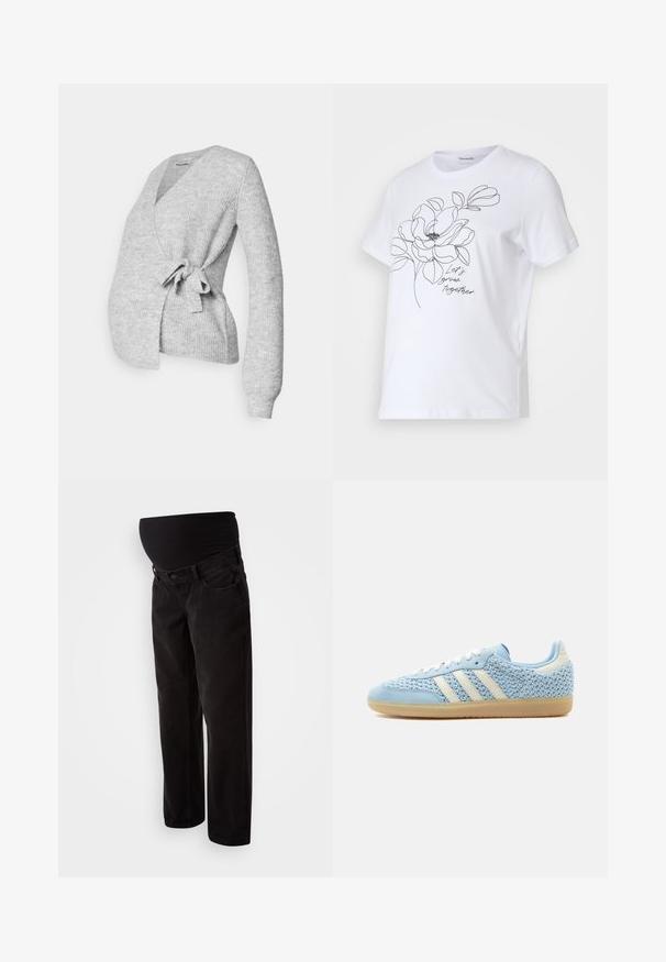 Cardigan gris à côtes, à manches longues, avec une fermeture par lien à la taille et un design adapté à la grossesse.; T-shirt en coton blanc avec un dessin en contour noir d'une fleur et le texte "Grandissons ensemble." Manches courtes et col rond.; Jeans de maternité noirs avec un panneau à ventre extensible, présentant un design classique à cinq poches et une coupe droite. Texture en denim douce.; Baskets basses avec tige en tissu bleu clair tissé, rayures blanches, lacets blancs, bout en cuir suédé bleu clair et semelle en caoutchouc naturel.