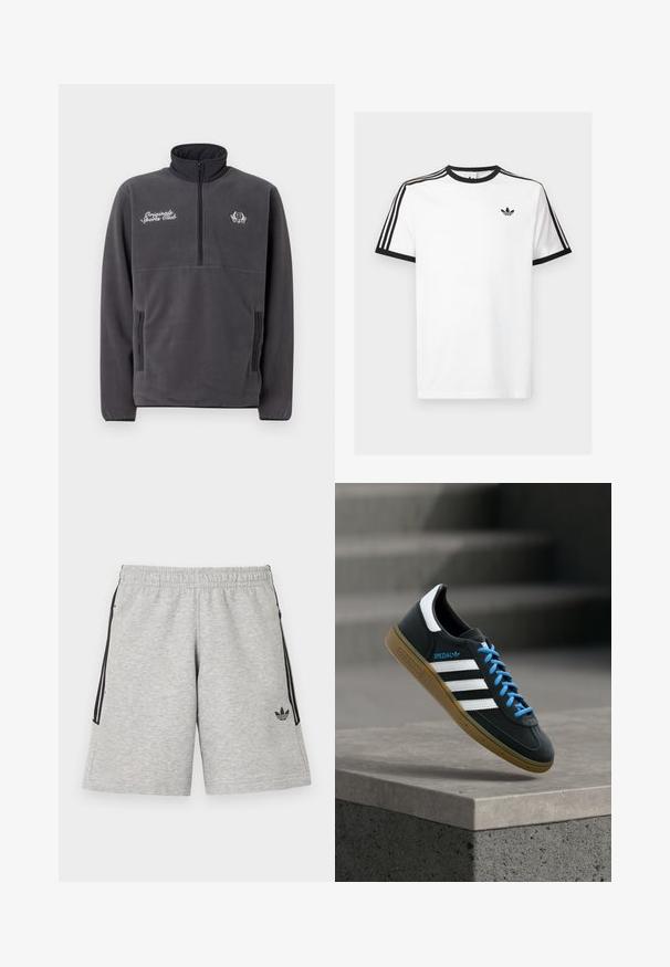 Grå fleecepullover med høj krave, halvlynlås foran, to sidelommer og broderet tekst og logo "Original Sports Club".; Hvid bomulds t-shirt med sort ribkant ved hals og ærmer, med tre sorte striber på hver skulder og et lille logo på brystet.; Lysegrå atletikshorts med elastisk linning, sorte sidelommer med lynlås, sorte striber på siderne og et lille sort Adidas-logo på den nederste højre ben.; Sort Adidas sneaker med hvide striber, blå snørebånd og gummisål, der svæver over gråt betontrin i blødt lys.