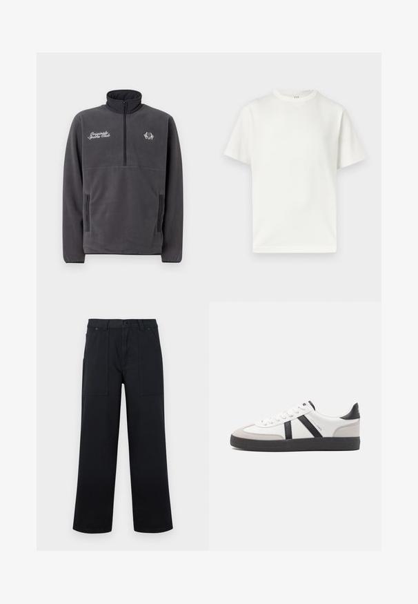 Grå fleecepullover med høj krave, halvlynlås foran, to sidelommer og broderet tekst og logo "Original Sports Club".; Hvid kortærmet T-shirt med rund hals, vist fladt mod en hvid baggrund med et synligt GAP-mærke indeni kraven.; Sorte bukser med vide ben, forlommelommer, bæltestropper og knaplukning, vist mod en ensfarvet baggrund.; Hvide sneakers med sorte og grå detaljer, med en tekstureret grå tåhætte, sort gummisål og flade hvide snørebånd. Rent design, minimalistisk stil.